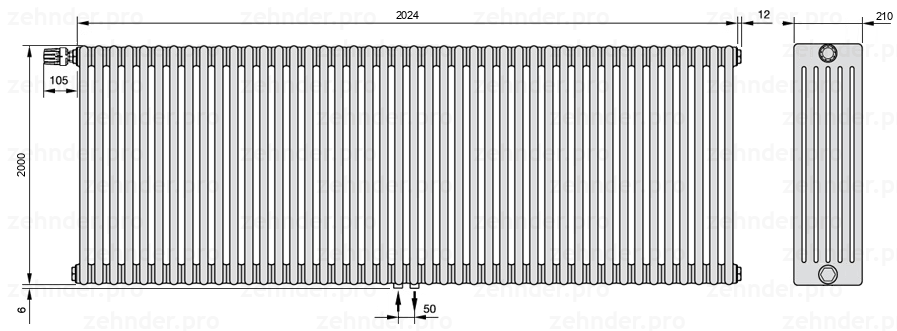 Схема (чертеж) Радиатор Zehnder Charleston 6200/44 №V007 Белый глянцевый RAL 9016